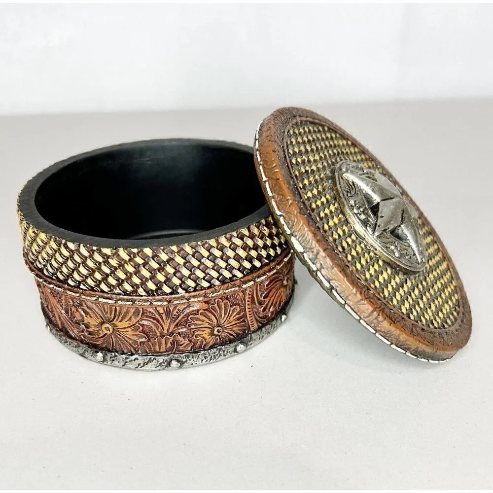 Midwest Seasons Tooled Leather Texture Round Resin Silver Star Trinket Box